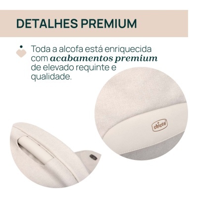 Detalhes do acabamento premium de produto Chicco em tecido bege claro.