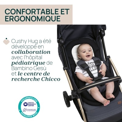 Bebé sentado em carrinho preto com estrutura dourada e arnês de segurança