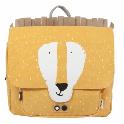 Mala infantil amarela com rosto de raposa estilizada e detalhes em tecido cinza