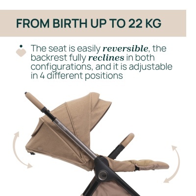 Carrinho de bebé bege com estrutura metálica e cinco posições ajustáveis.
