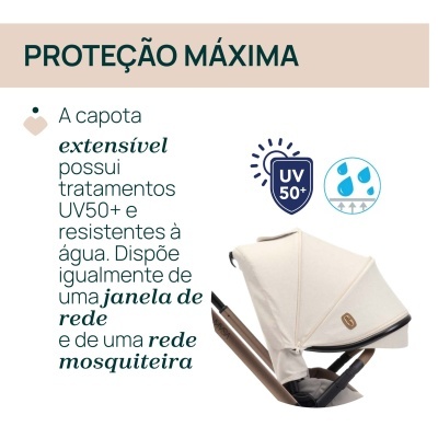 Carrinho de bebé com capota extensível bege e estrutura bronze