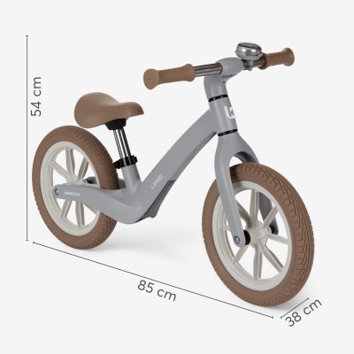 Bicicleta de equilíbrio infantil cinzenta e castanha com dimensões