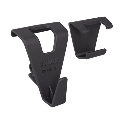 Dois ganchos de plástico preto com inscrição THULE