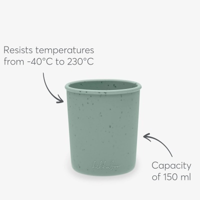 Copo verde claro com textura salpicada e texto sobre capacidades e temperaturas