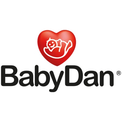 Logótipo da BabyDan com coração vermelho e bebé estilizado branco