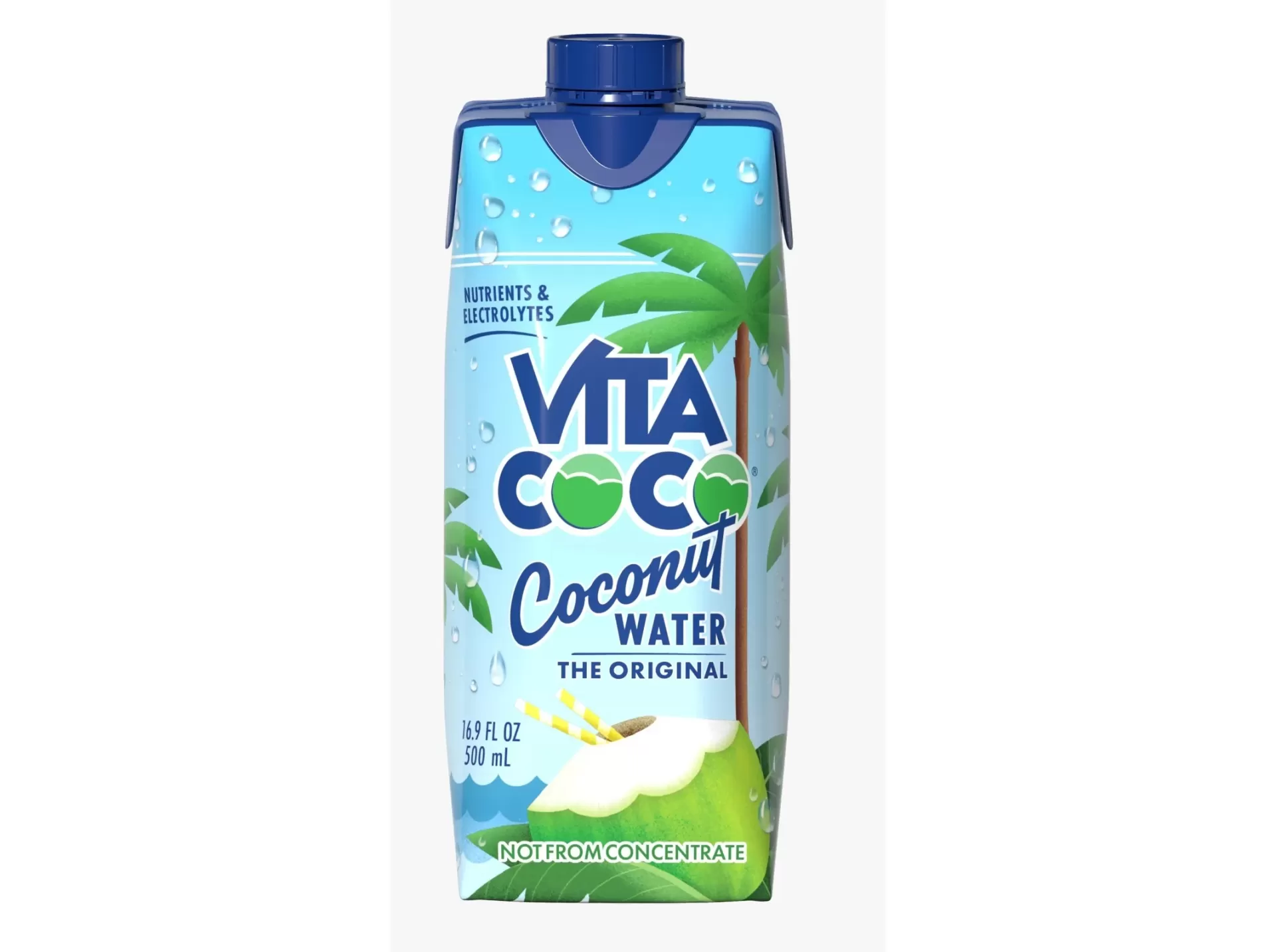 Água de Côco 330ml Vitacoco Embalagem de água de coco Vita Coco de 330 ml com ilustrações de palmeiras