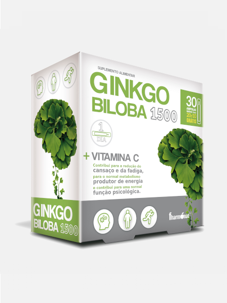 Ginkgo Biloba 1500 Fharmonat 30 Ampolas Caixa de suplemento alimentar Ginkgo Biloba 1500 com folhas verdes e texto em português