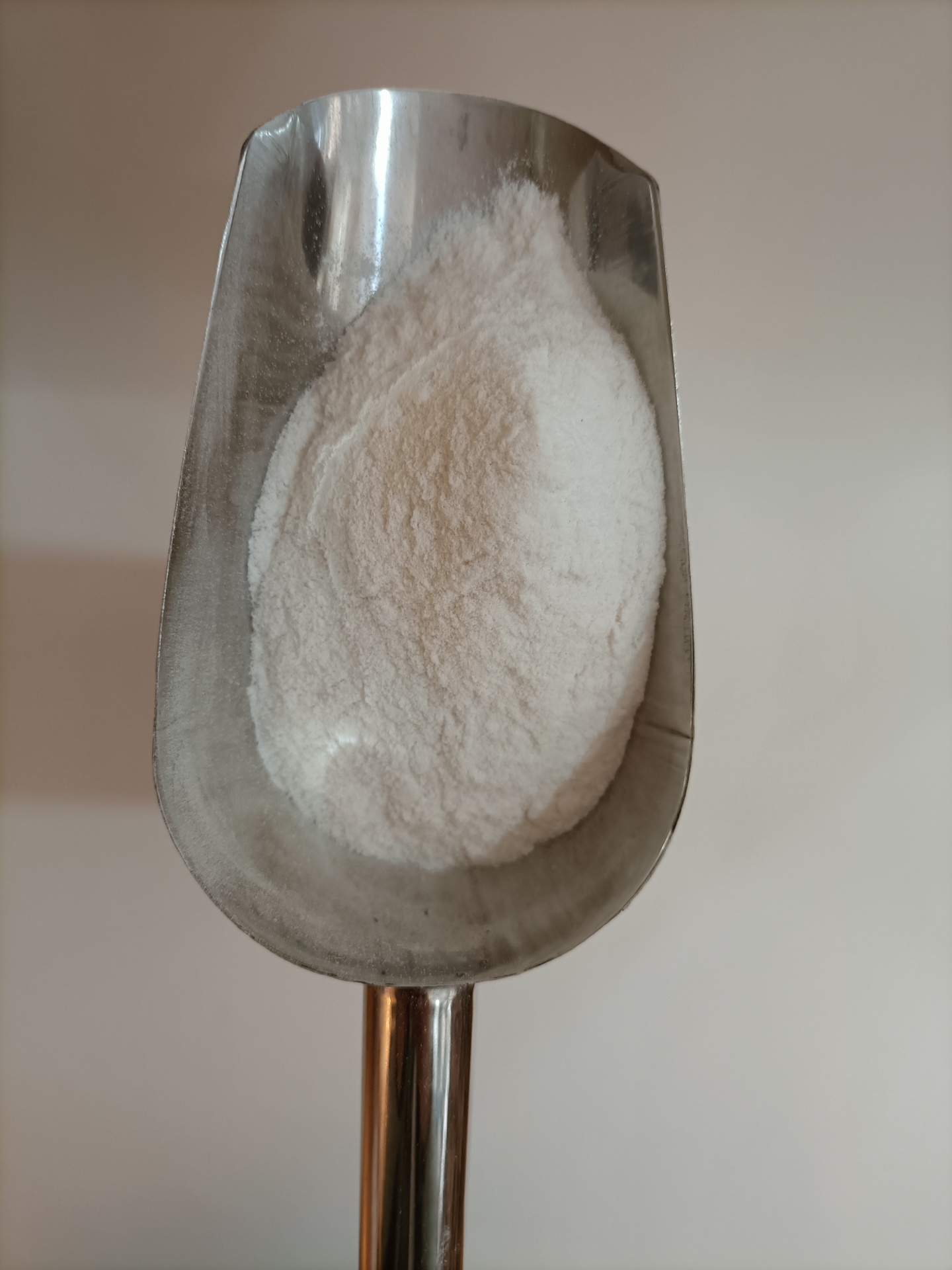 Glucomanano GRANEL Pá metálica com pó branco sobre fundo claro