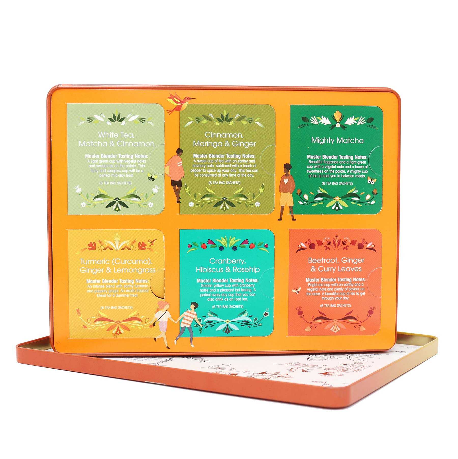 Lata Super Goodness Collection Tea English 36 saquetas Caixa metálica com seis etiquetas coloridas contendo nomes e descrições de misturas de chá
