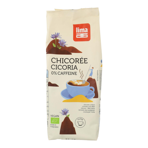 Chicória para Cafeteira BIO Lima 250g Pacote de chá de chicória Lima creme com chávena azul e texto 0% cafeína