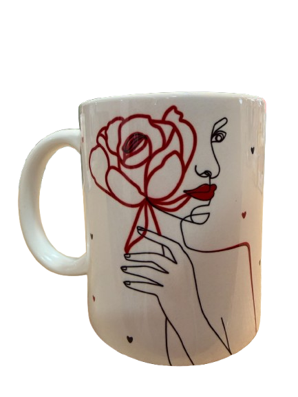 Caneca Para Uso Exclusivo De Uma Mulher Incrível - Missão DrinkMe Caneca branca com desenho de mulher e flor em linhas pretas e vermelhas