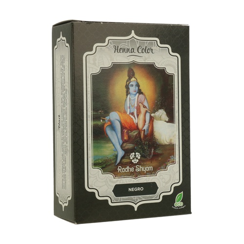Henna Color Preto Radhe Shyam 100g Embalagem de henna preta Radhe Shyam com imagem de figura sentada e moldura decorativa