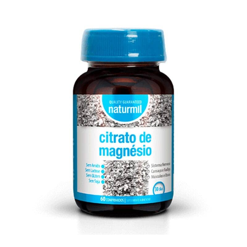 Citrato de Magnésio 200mg Naturmil 60 Comprimidos Frasco de comprimidos de citrato de magnésio da naturmil com rótulo azul e branco