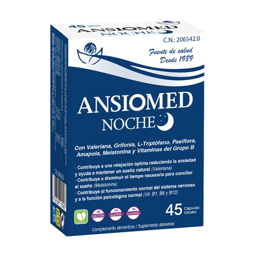 Ansiomed Noite Bioserum 45 cápsulas Caixa azul e branca de Ansiomed Noche com texto e ícones coloridos.