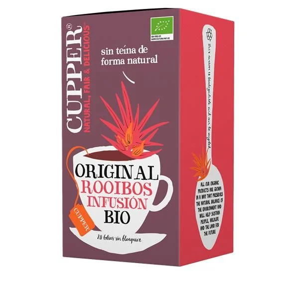 Rooibos Cupper 20 saquetas Embalagem de infusão bio de rooibos da marca CUPPER com texto em espanhol.