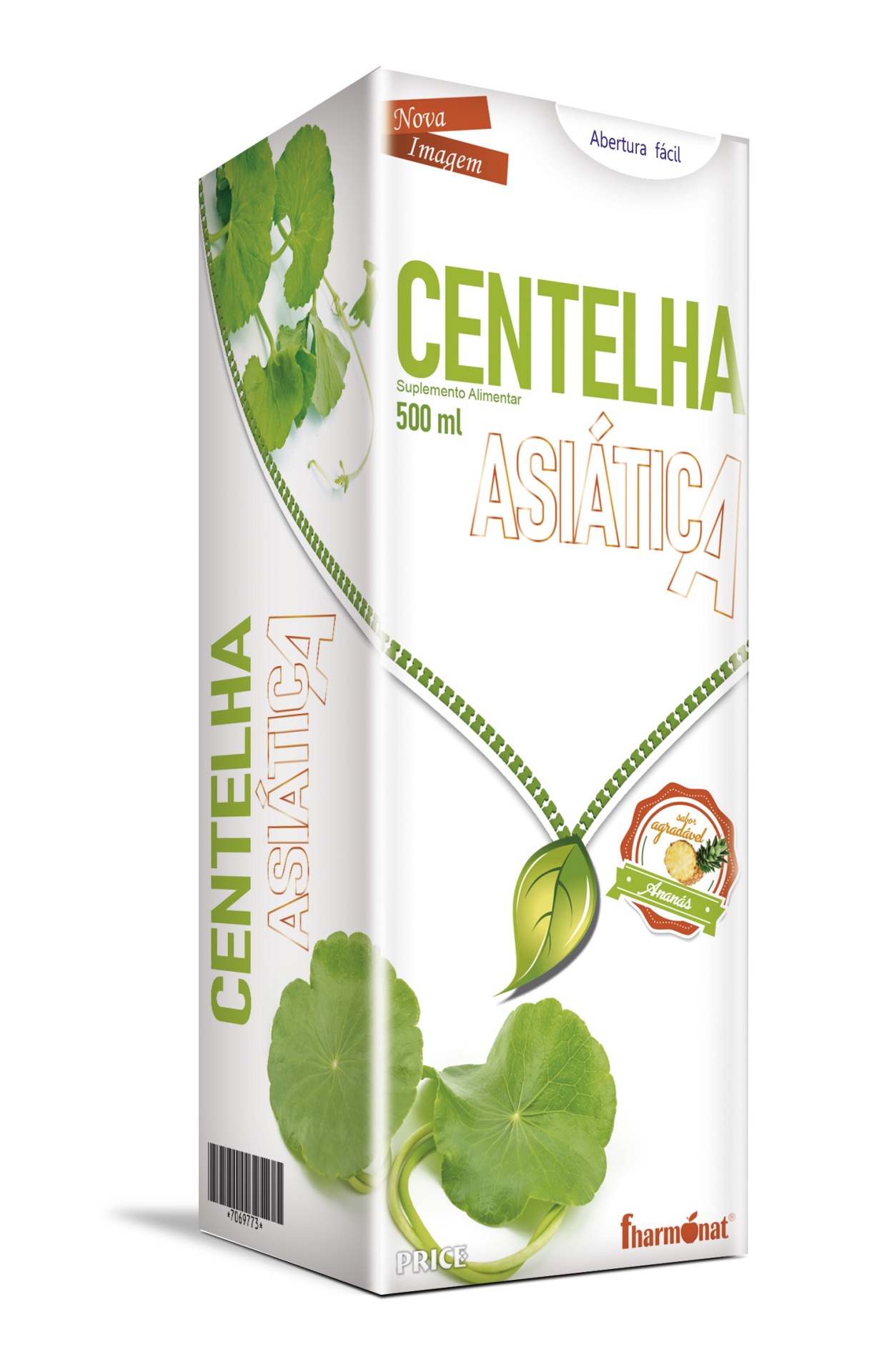 Centelha Asiática Xarope Fharmonat 500ml Embalagem branca de suplemento alimentar Centelha Asiática com folhas verdes e textos informativos.
