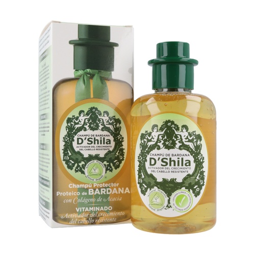 Shampoo Proteico de Bardana D'Shila 300ml Champô protetor D'Shila com embalagem verde e ambar