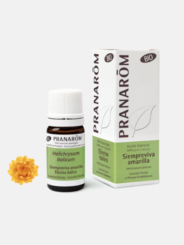Óleo Essencial de Perpétua Pranarom 5ml Frasco pequeno de óleo essencial Pranarôm com embalagem e flor seca amarela