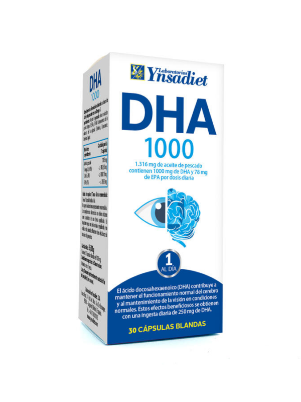 DHA 1000 Ynsadiet 30 Cápsulas Embalagem de suplemento alimentar DHA 1000 Ynsadiet branca e azul com texto e imagem de cérebro e olho