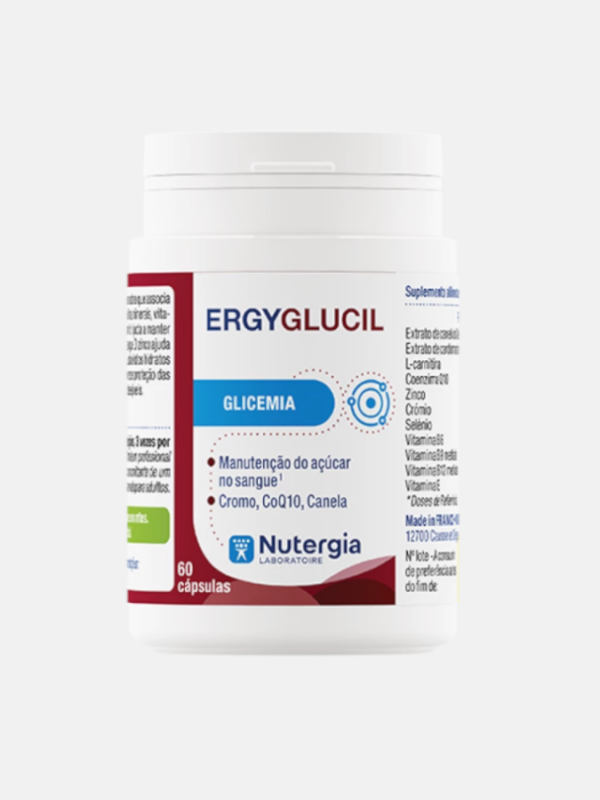ErgyGlucil Nutergia 60 cápsulas Frasco branco de suplemento alimentar ERGYGLUCIL Nutergia