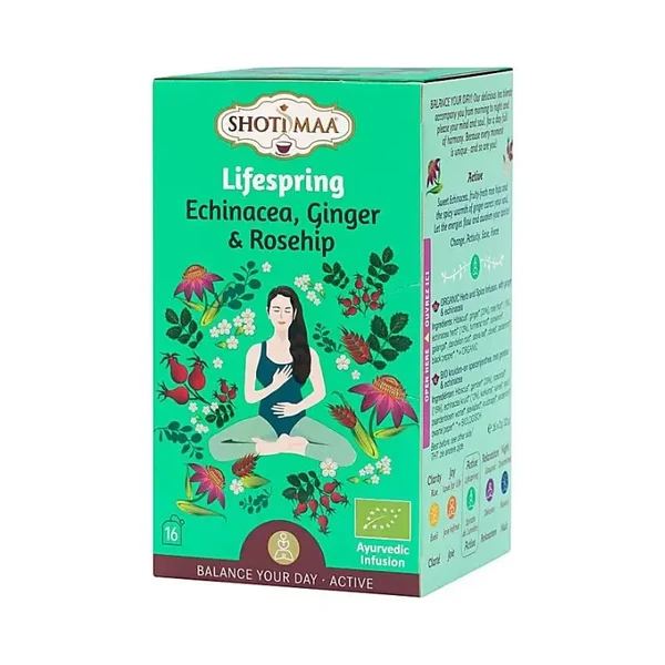 Infusão Lifespring Shotimaa 16 saquetas Embalagem verde de infusão ayurvédica SHOTI MAA Lifespring com ilustração de mulher meditando e plantas.