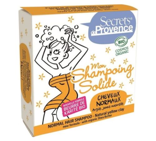 Shampoo Sólido Cabelos Normais Secrets de Provence 85g Embalagem de champô sólido Secrets de Provence com texto e ilustração