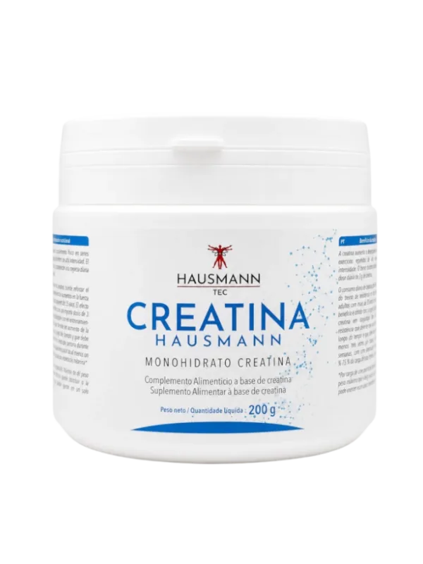 Creatina Monohidratada Hausmann 200g Frasco branco de suplemento de creatina Hausmann TEC com texto azul e preto e tampa branca