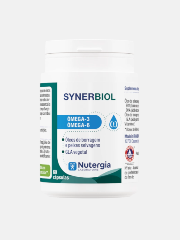 Synerbiol 60 Cápsulas Nutergia Frasco branco de suplemento alimentar SYNERBIOL com rótulo azul e verde