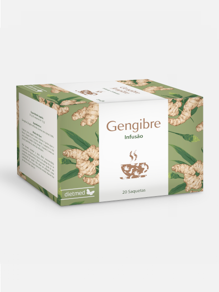 Infusão Gengibre DietMed 20 saquetas Caixa de infusão de gengibre dietmed com 20 saquetas e design verde com gengibre