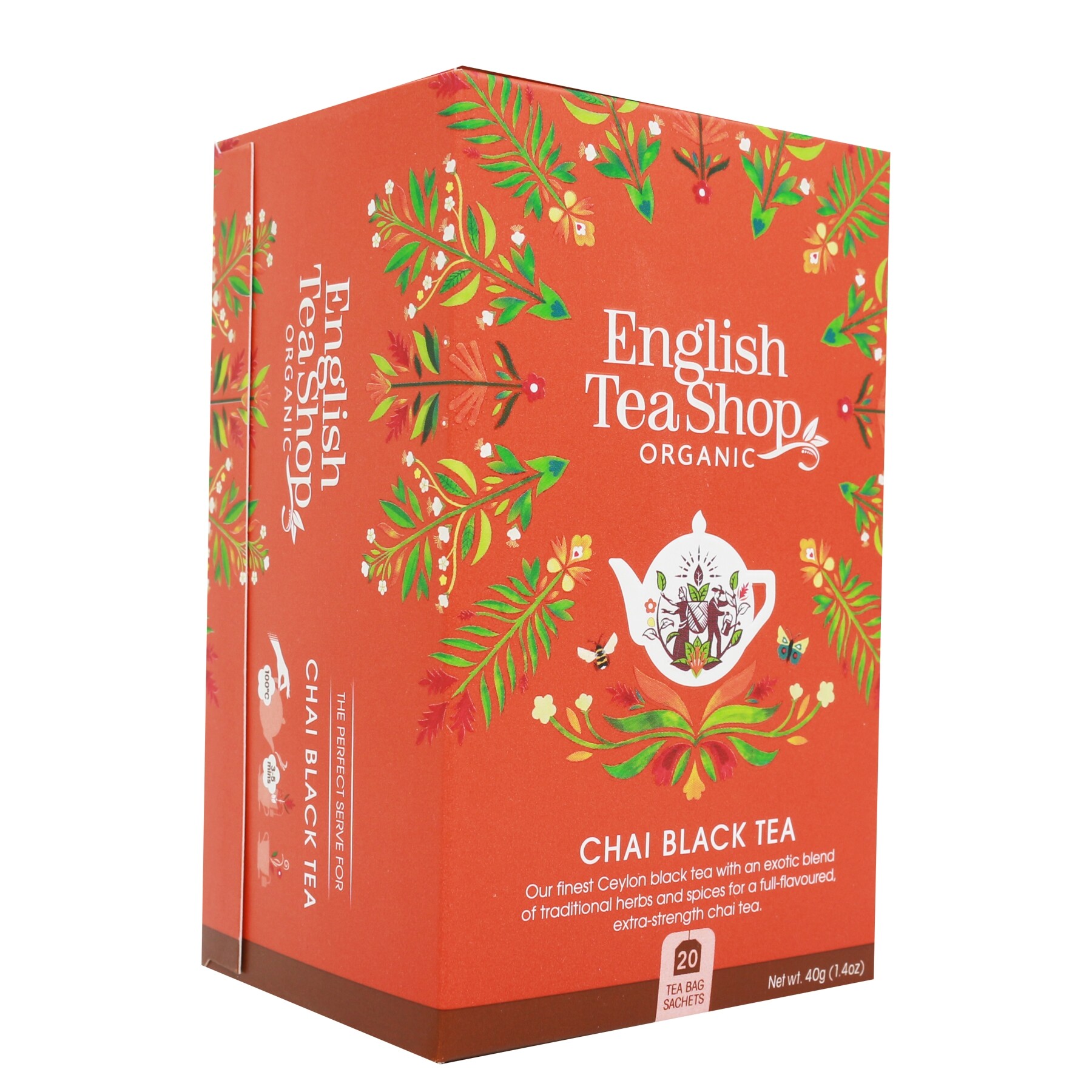 Chá Preto English Tea Shop 20 saquetas Caixa de chá chai preto English Tea Shop em fundo laranja com decoração floral