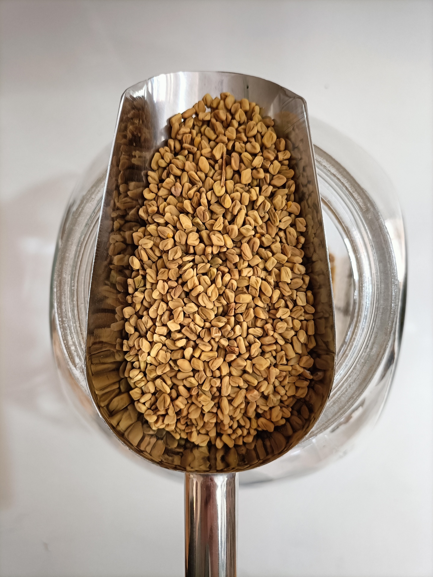 Feno Grego GRANEL Colher de metal com sementes castanhas sobre recipiente de vidro