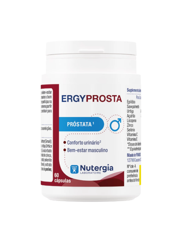 ErgyProsta 60 Cápsulas Nutergia Frasco branco de suplemento alimentar ERGYPROSTA para próstata com texto em português