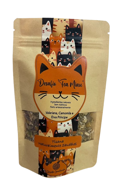 Tisana Desafio Tea Miau Erva Príncipe Embalagem de tisana Desafio Tea Miau com ilustração de gatos