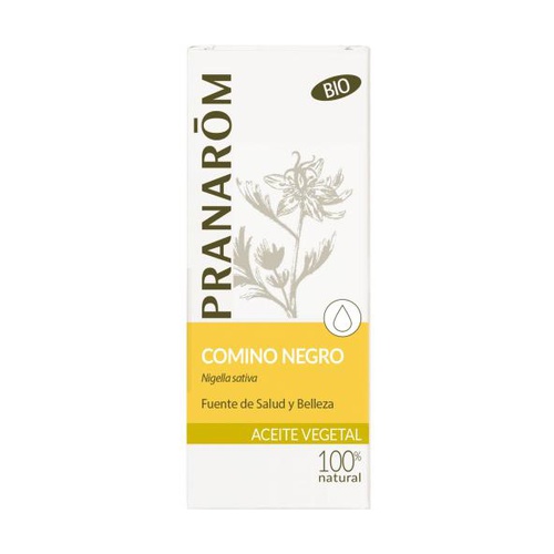 Óleo Vegetal Cominho Negro Pranarom 50ml Embalagem de óleo vegetal Pranarôm cominho negro, branca e amarela, com texto em espanhol