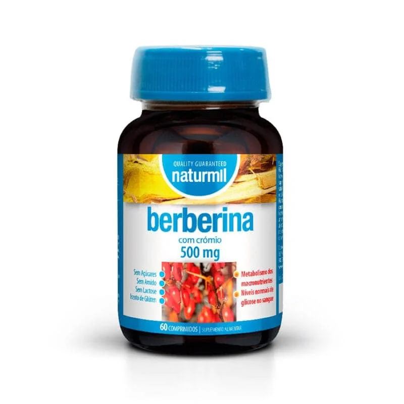Berberina com Crómio 500mg Naturmil 60 cápsulas Frasco de suplemento berberina com crómio 500 mg Naturmil