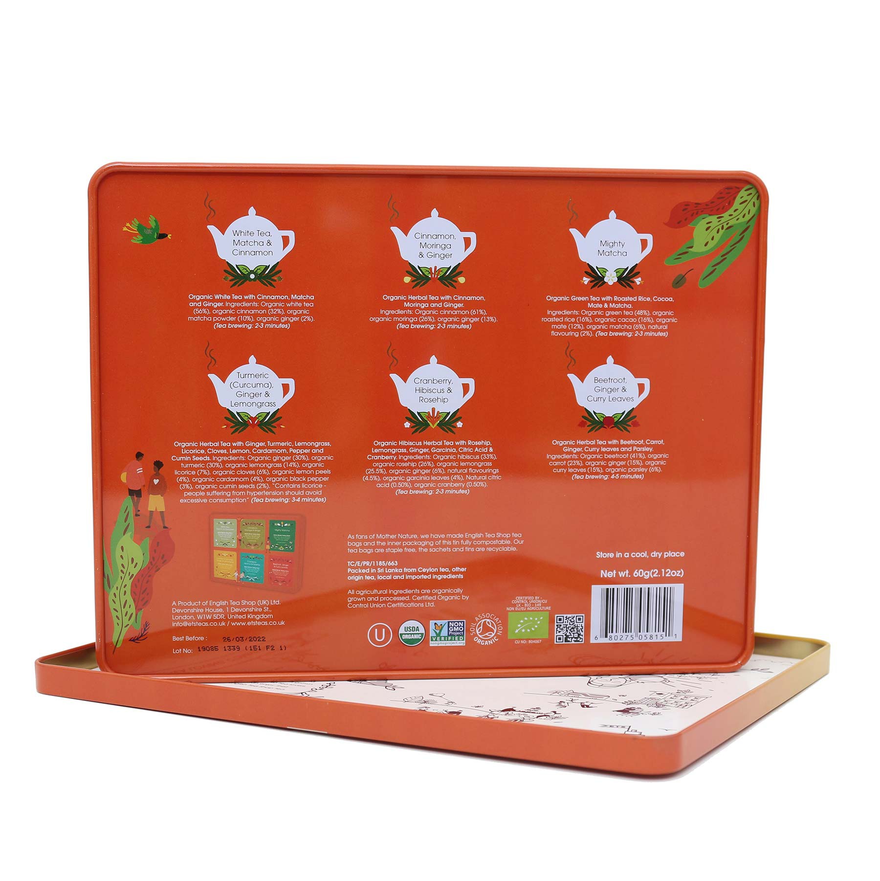 Lata Super Goodness Collection Tea English 36 saquetas Embalagem metálica rectangular laranja com descrições de variedades de chá