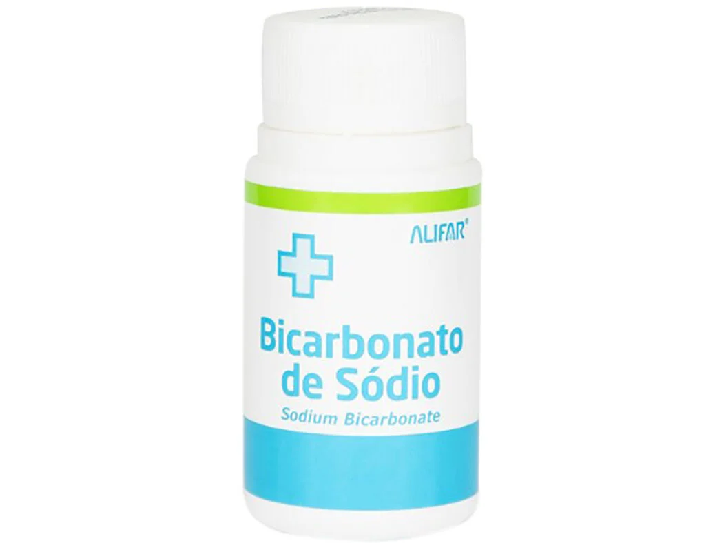 Bicarbonato de Sódio Alifar 30g frasco de bicarbonato de sódio Alifar com etiqueta azul e verde