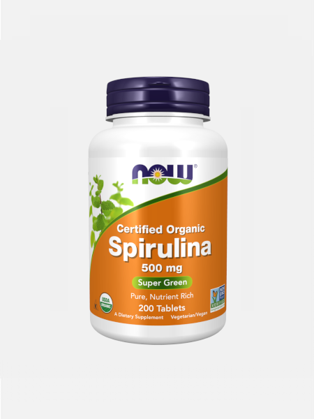 Spirulina 500mg Now 200 Comprimidos Frasco de suplemento Spirulina da NOW com rótulo laranja e verde