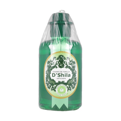 Shampoo Proteico de Tomilho D'Shila 300ml Frasco verde de champô D'Shila anticaspa com tampa preta e embalagem em saco plástico