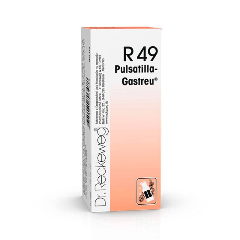R49 Pulsatilla-Gastreu Gotas Orais Dr. Reckeweg 50ml Embalagem de medicamento Pulsatilla-Gastreu R49 em branco e laranja