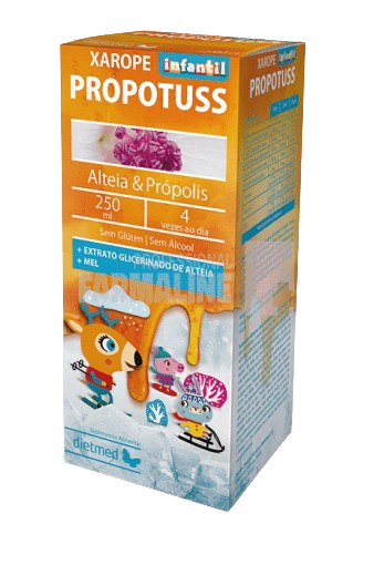 Propotuss Infantil 250ml Caixa de xarope infantil Propotuss com alteia e própolis e ilustrações de animais