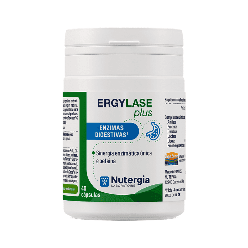 ErgyLase Plus Nutergia 40 cápsulas Frasco branco de suplemento Ergylase Plus da Nutergia com rótulo verde e azul