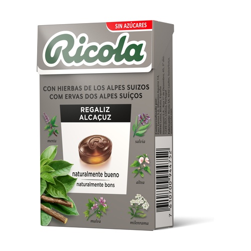 Rebuçados de Ervas Suíças e Alcaçuz Ricola 50g Embalagem de pastilhas Ricola sabor alcaçuz com imagens de plantas medicinais