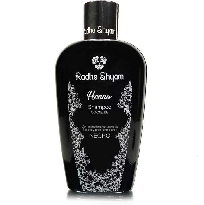 Shampoo Coloração Preta Radhe Shyam 250ml Frasco preto de shampoo colorante Radhe Shyam Henna com texto branco