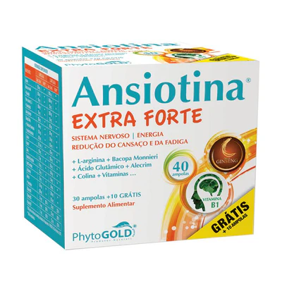 Ansiotina Extra Forte Phytogold 40 ampolas Caixa de suplemento alimentar Ansiotina Extra Forte com texto e imagens de ginseng e vitamina B1