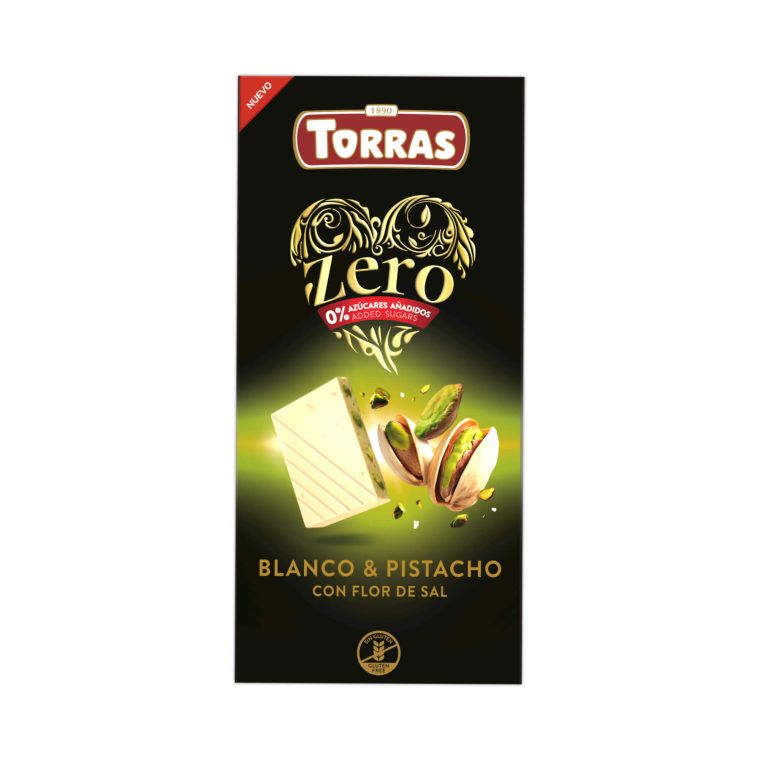 Chocolate Branco & Pistacho com Flôr De Sal 0%Açúcar Torras 100g Embalagem de chocolate branco com pistacho Torras Zero com texto e imagens