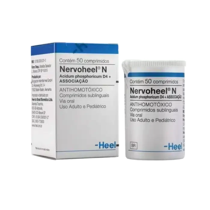 Nervoheel Heel 50 Comprimidos Caixa e frasco de comprimidos Nervocheel N com texto em português