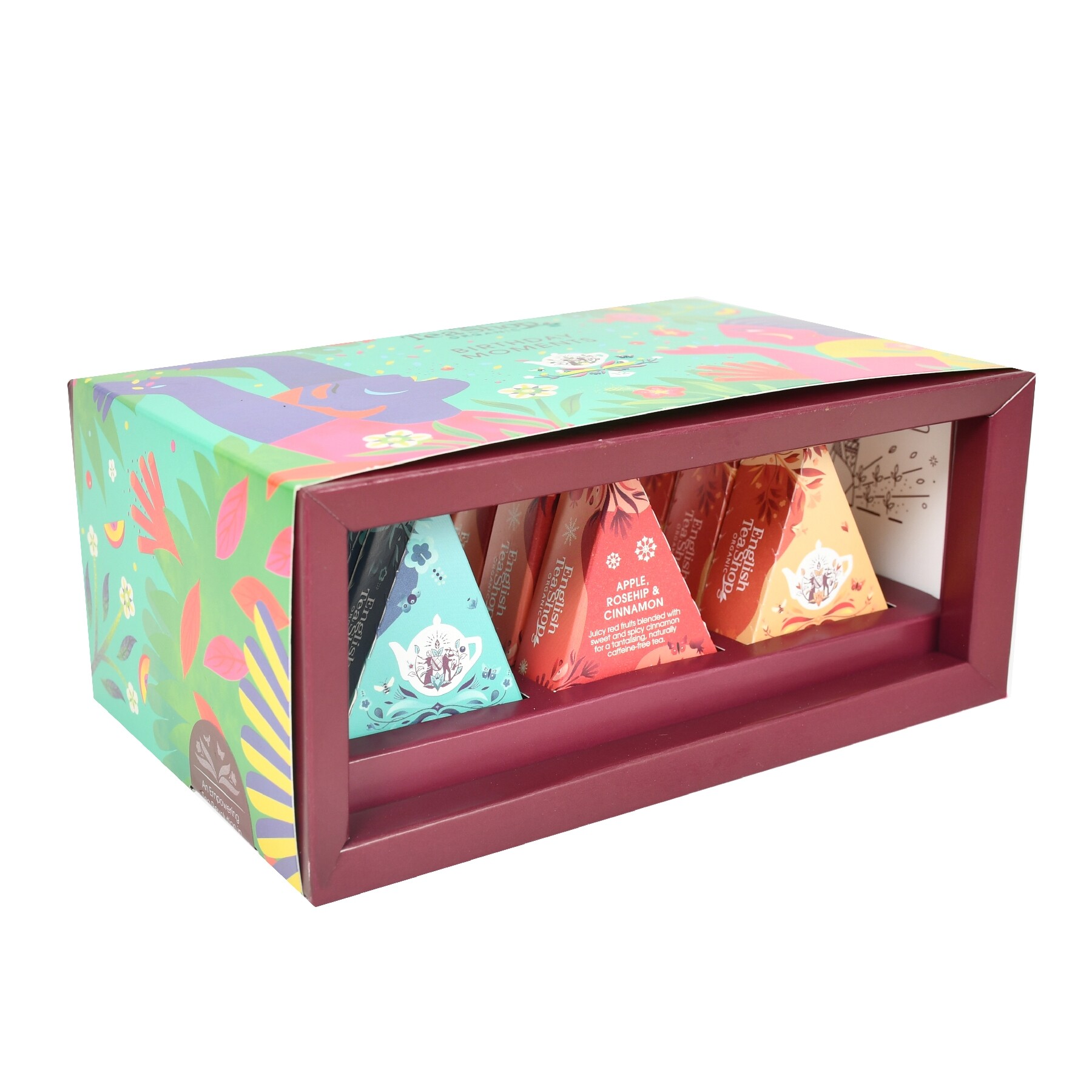 English TeaShop Birthday Moments 12 pirâmides Caixa colorida com embalagens triangulares de chocolates visíveis