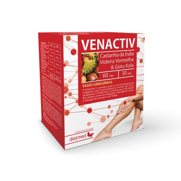 Venactiv Dietmed 60 cápsulas Caixa vermelha do suplemento VENACTIV com texto e imagem de pernas