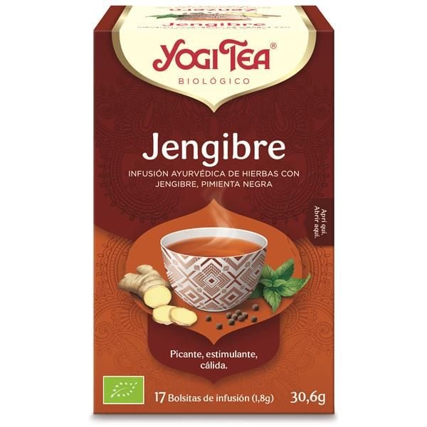 Gengibre Infusão YogiTea 17 Saquetas Caixa de chá Yogi Tea Jengibre com infusão ayurvédica, 17 saquetas, 30,6g, embalagem castanha com imagem de chá e ingredientes